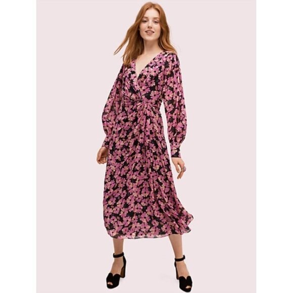 NWT Kate Spade Floral Chiffon Midi Dress Pink Black 4 - Picture 1 of 7